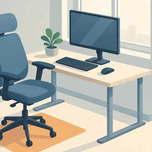 Postazione di lavoro ergonomica con sedia regolabile, schermo all'altezza degli occhi e pianta, in un ufficio luminoso