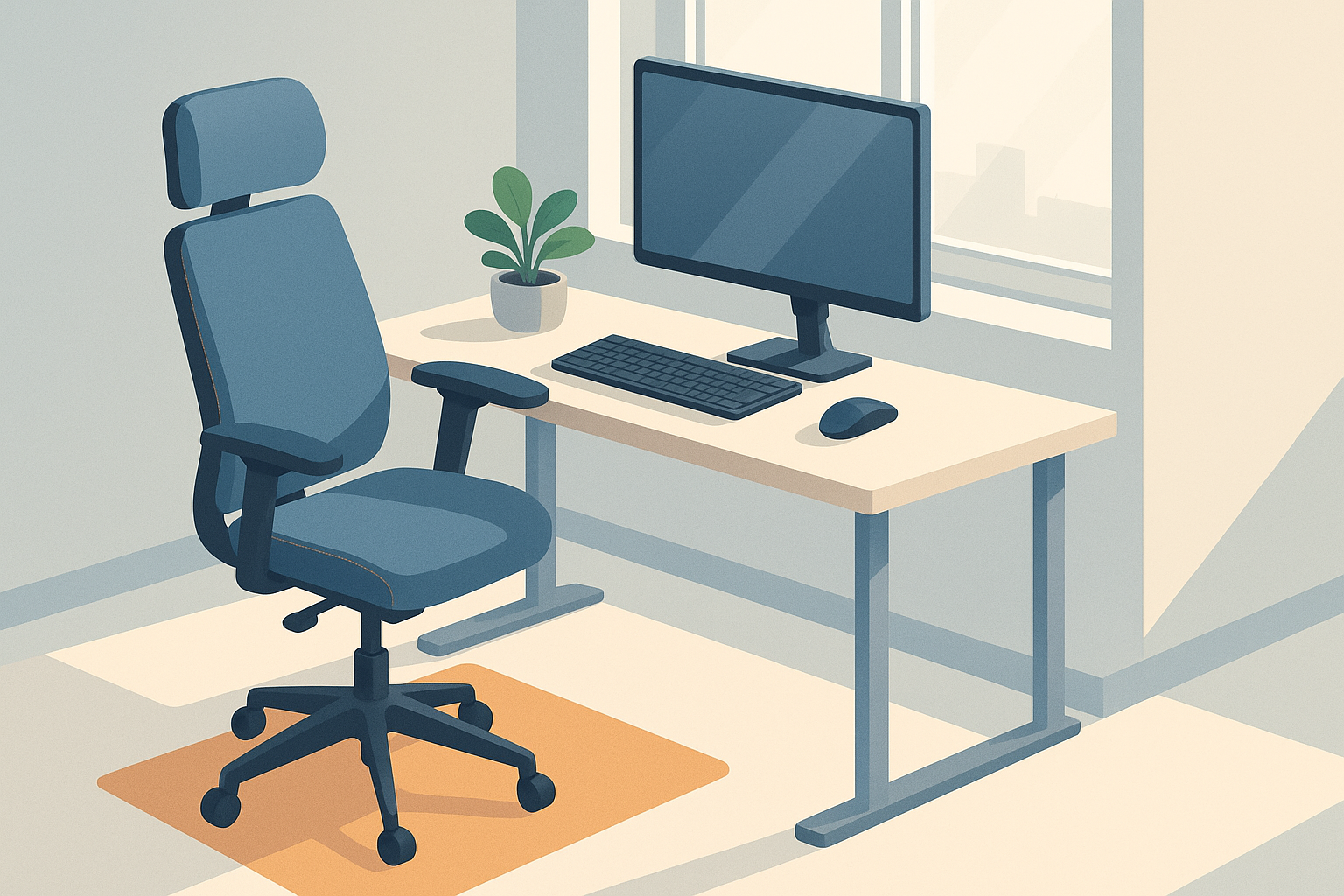 Postazione di lavoro ergonomica con sedia regolabile, schermo all'altezza degli occhi e pianta, in un ufficio luminoso