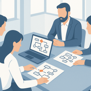 Team di lavoro riunito attorno a un tavolo in un ufficio luminoso mentre analizza documenti di processo