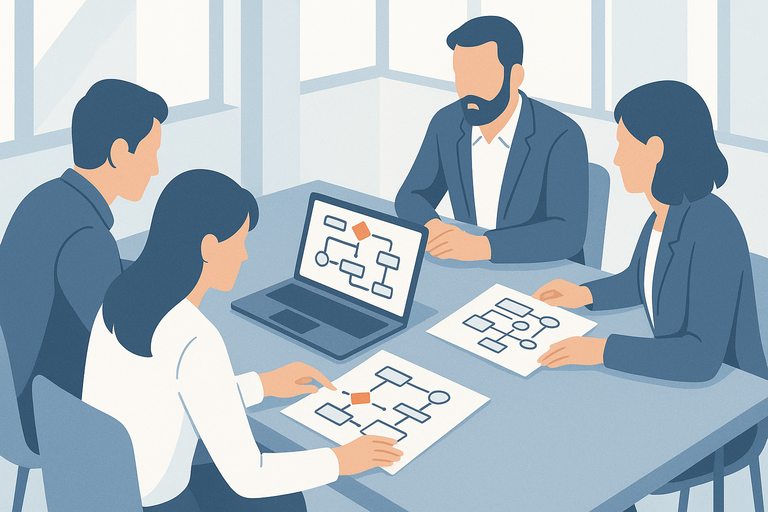 Team di lavoro riunito attorno a un tavolo in un ufficio luminoso mentre analizza documenti di processo