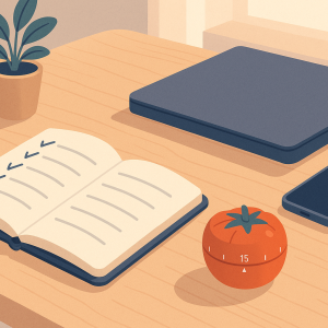 Scrivania ordinata con quaderno aperto, timer da cucina e smartphone capovolto accanto al computer portatile