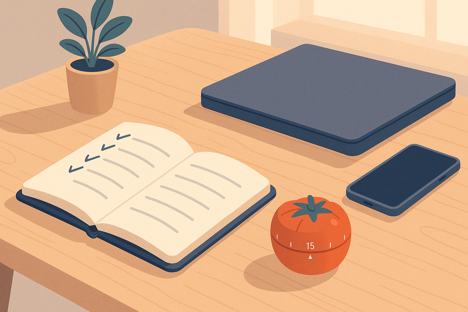 Scrivania ordinata con quaderno aperto, timer da cucina e smartphone capovolto accanto al computer portatile