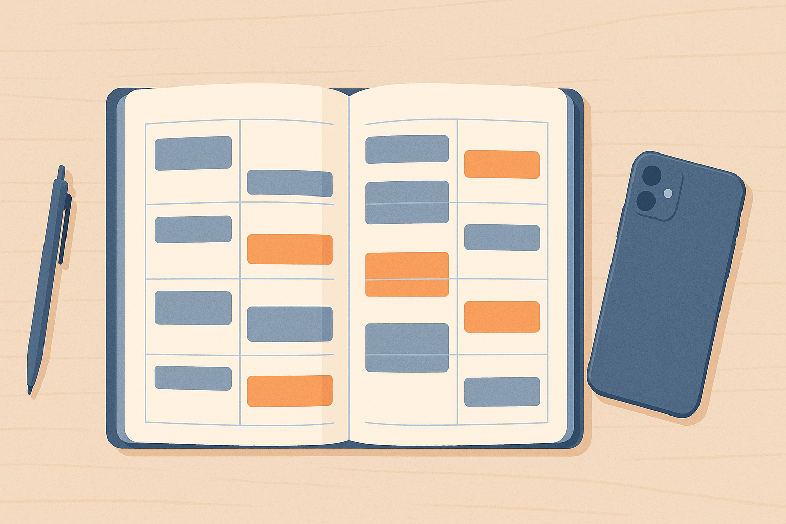 Agenda settimanale aperta con blocchi colorati per attività lavorative e personali, accanto a uno smartphone con notifiche disattivate