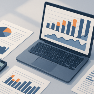 Tavolo di lavoro con grafici finanziari, calcolatrice e documenti di analisi contabile di un'impresa