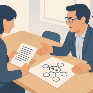 Due professionisti HR confrontano appunti e schemi di un ruolo su un tavolo di lavoro