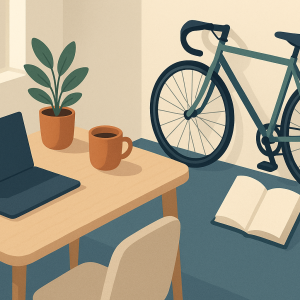 Scrivania con laptop chiuso e tazza, accanto a una bicicletta e a un libro appoggiati alla parete