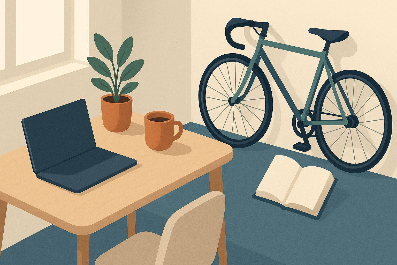 Scrivania con laptop chiuso e tazza, accanto a una bicicletta e a un libro appoggiati alla parete