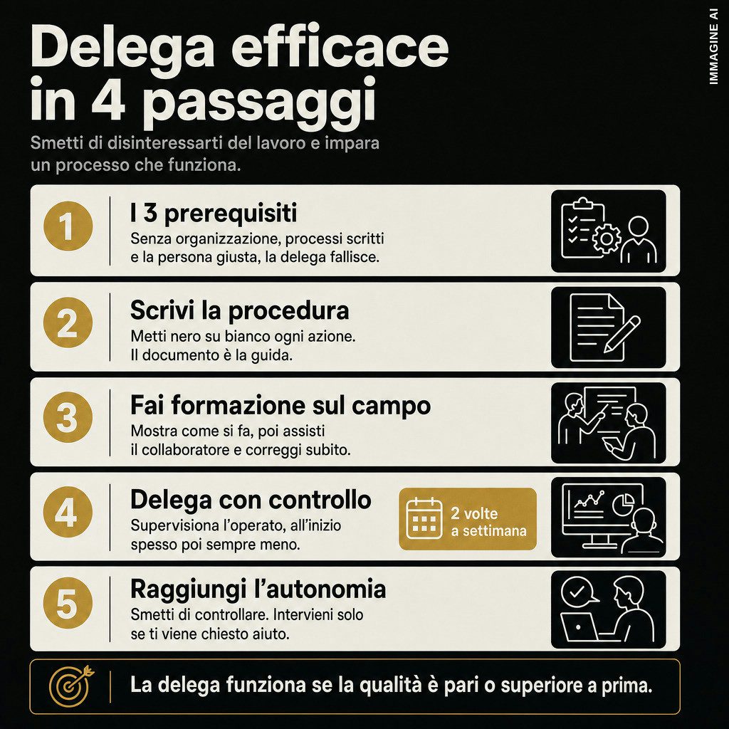 Infografica: Delegare un processo: 4 passaggi per controllo e risultati