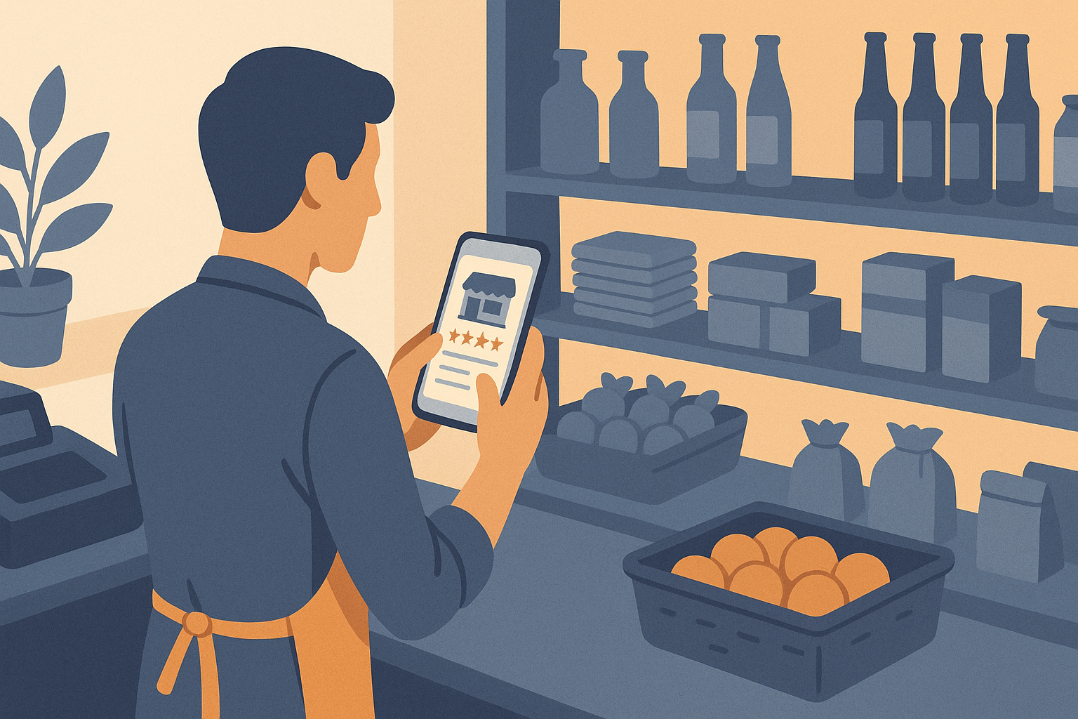 Titolare di una piccola attività che aggiorna il profilo online del negozio da uno smartphone dietro il bancone