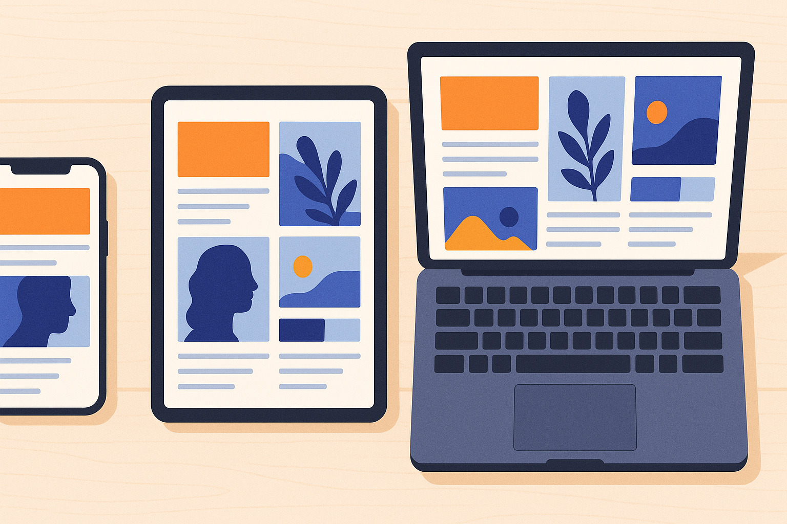 Smartphone, tablet e laptop affiancati su un tavolo, ciascuno con un feed di contenuti diverso