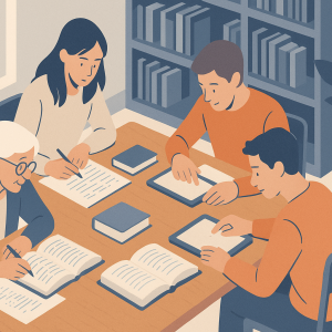 Persone di età diverse che studiano insieme intorno a un tavolo con libri, tablet e appunti