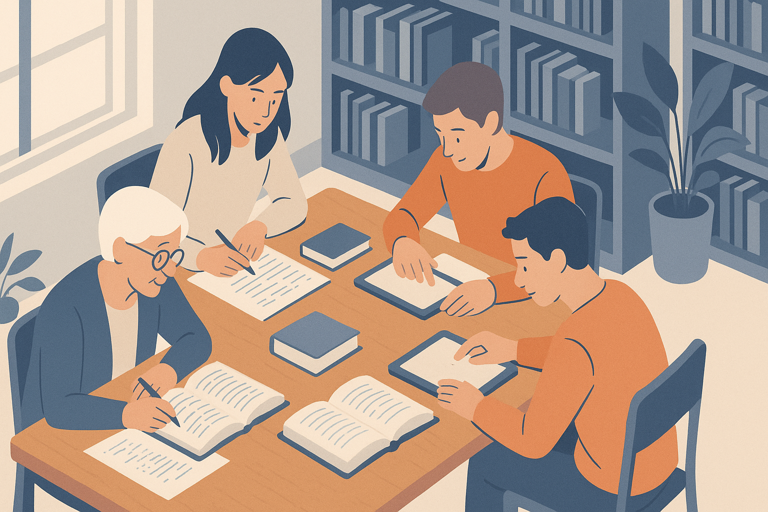 Persone di età diverse che studiano insieme intorno a un tavolo con libri, tablet e appunti